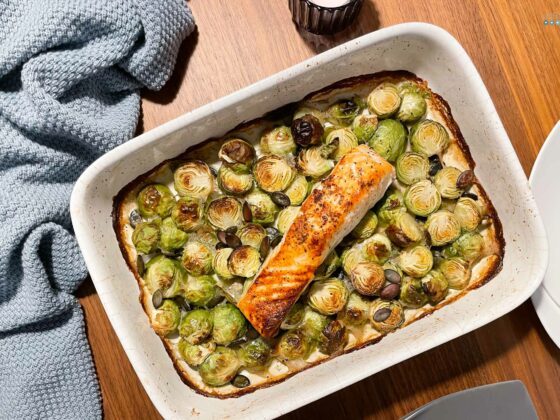 dish of roasted brussel sprouts with salmon seeking creative life craftaliciousme
