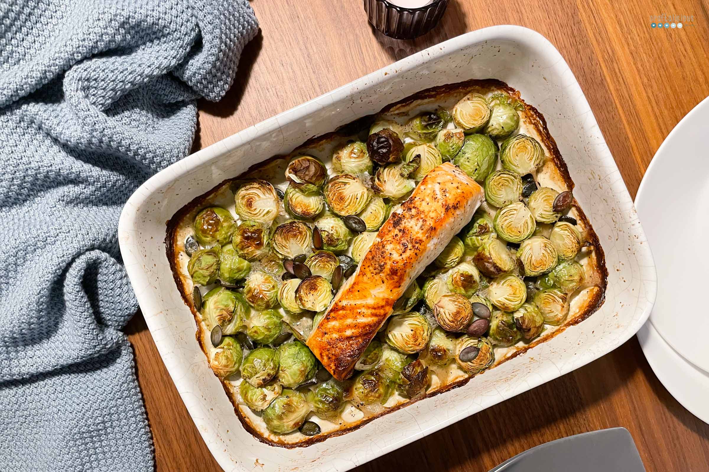dish of roasted brussel sprouts with salmon seeking creative life craftaliciousme