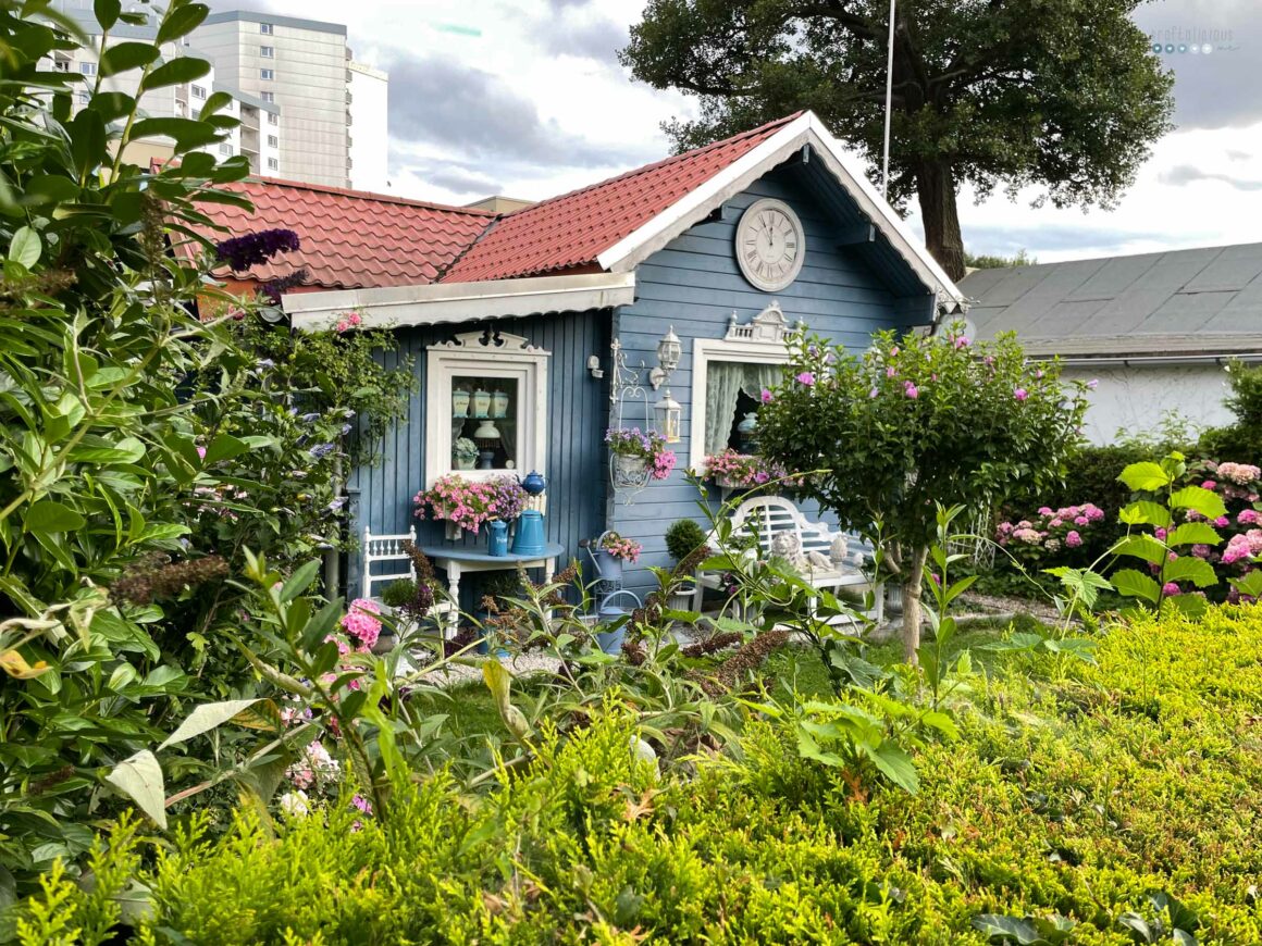 stroll through the neighborhood blue house in summer