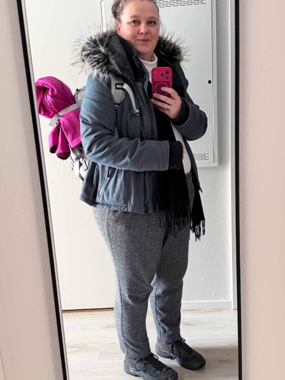 My Arctic Adventure mirror selfie with coat and back back