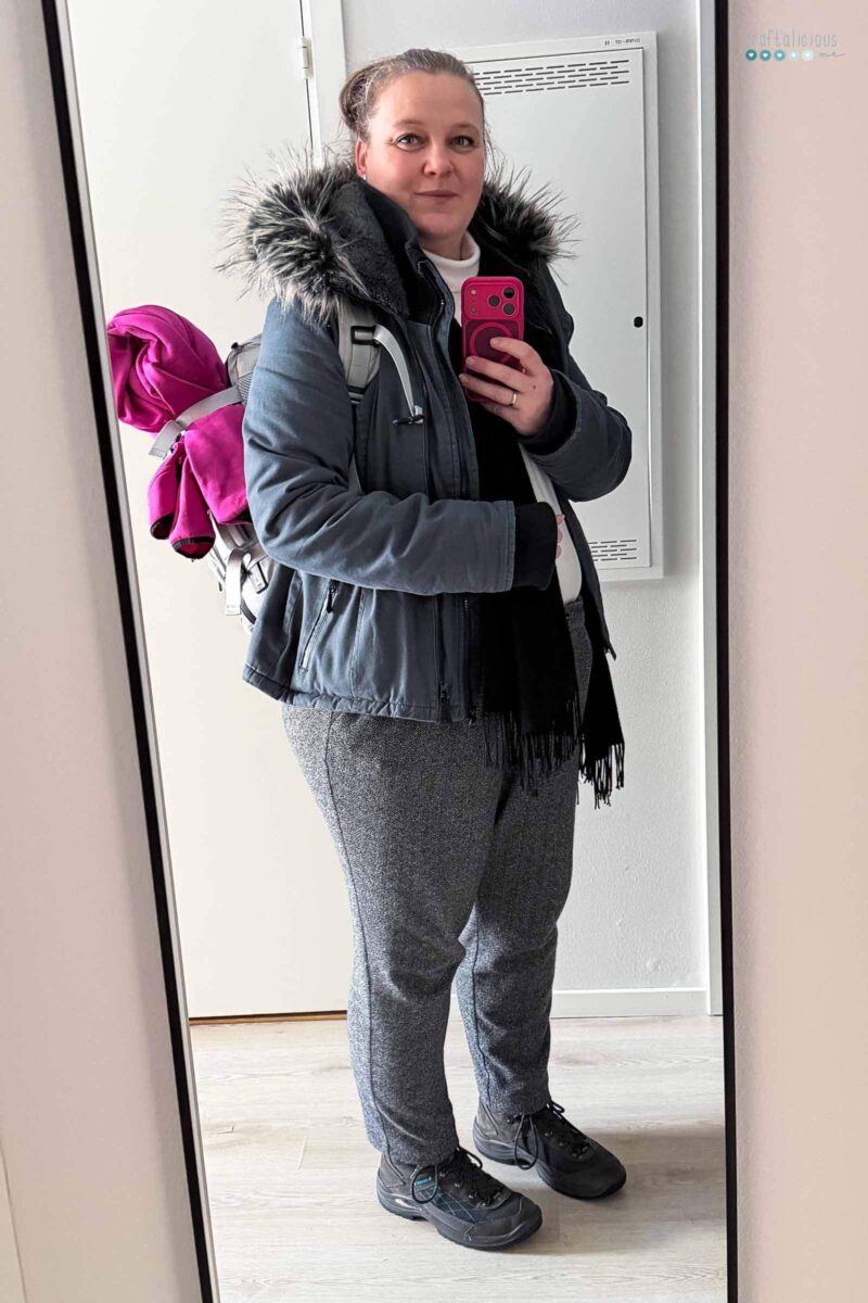 My Arctic Adventure mirror selfie with coat and back back